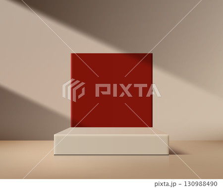 mockup template for minimalist product display with red rectangular object on cream pedestal in neutral background for branding packaging and advertising showcase 130988490