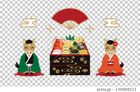 Illustration of a horse greeting in a kimono with New Year's dishes Illustration of a horse greeting in a kimono with New Year's dishes 130988521