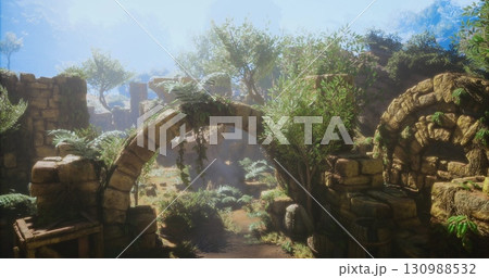 The remnants of old stone structures are intertwined with green ferns and plants under a bright blue sky. Soft sunlight filters through, creating a serene and enchanting atmosphere. 130988532