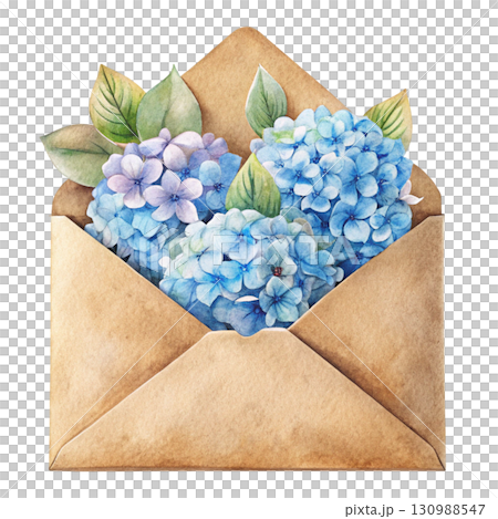 A vintage watercolor brown envelope with a blank card inside, decorated with a flower 130988547