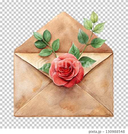 A vintage watercolor brown envelope with a blank card inside, decorated with a flower A vintage watercolor brown envelope with a blank card inside, decorated with a flower 130988548