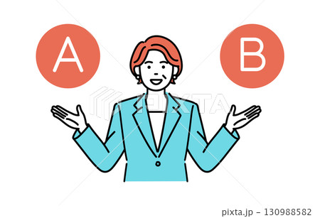 大人のビジネスウーマンが選択肢を挙げて説明しているシンプルイラスト 130988582