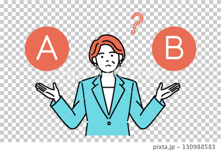 A simple illustration of an adult businesswoman thinking about her options 130988583