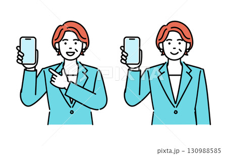大人のビジネスウーマンがスマホの画面を見せているシンプルイラストセット 大人のビジネスウーマンがスマホの画面を見せているシンプルイラストセット 130988585