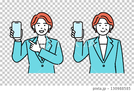 大人のビジネスウーマンがスマホの画面を見せているシンプルイラストセット 大人のビジネスウーマンがスマホの画面を見せているシンプルイラストセット 130988585