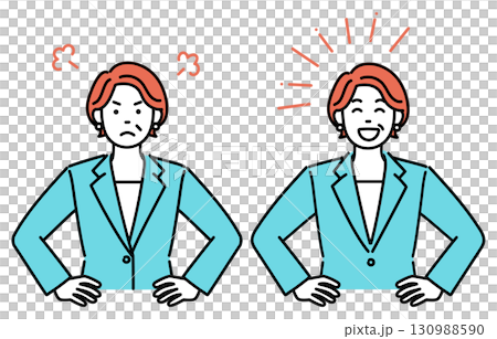 大人のビジネスウーマンが腰に手を当てて怒っているまたは笑っているシンプルイラストセット 130988590