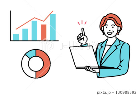 大人のビジネスウーマンがノートパソコンを持って説明しているシンプルイラスト 130988592