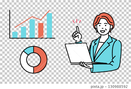 大人のビジネスウーマンがノートパソコンを持って説明しているシンプルイラスト 130988592