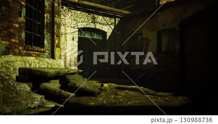 In a dimly lit alleyway of an old industrial district, crumbling bricks and debris create an eerie atmosphere. Shadows play on the walls, enhancing the sense of abandonment and neglect. In a dimly lit alleyway of an old industrial district, crumbling bricks and debris create an eerie atmosphere. Shadows play on the walls, enhancing the sense of abandonment and neglect. 130988736