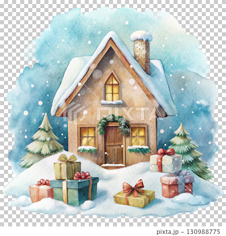 Cute little house covered with snow, gift boxes stacked behind 130988775