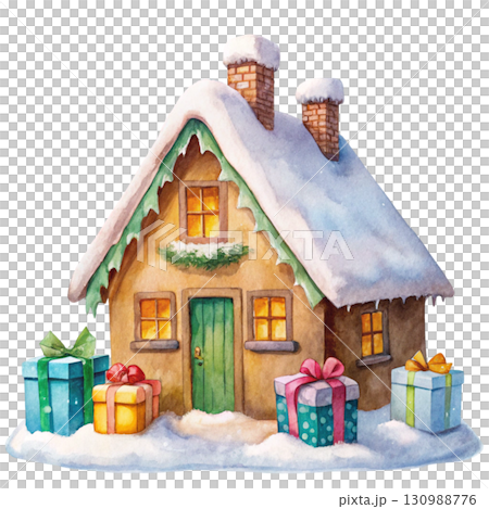 Cute little house covered with snow, gift boxes stacked behind 130988776