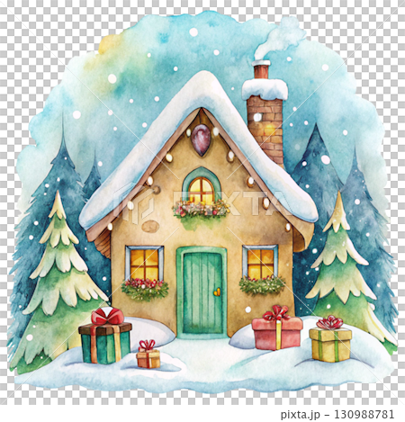 Cute little house covered with snow, gift boxes stacked behind 130988781