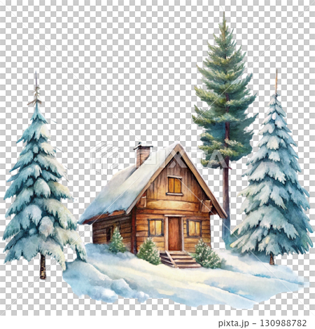 Cute little house covered with snow, gift boxes stacked behind 130988782