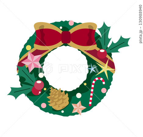 赤いリボンと飾り付きのクリスマスリース イラスト 130988940
