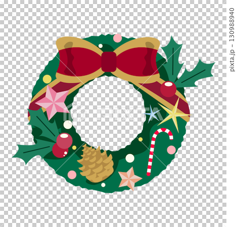 赤いリボンと飾り付きのクリスマスリース イラスト 130988940