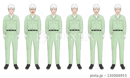 白いヘルメットを被り緑の作業服を着た高齢男性の表情セットイラスト 130988953