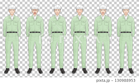 白いヘルメットを被り緑の作業服を着た高齢男性の表情セットイラスト 130988953