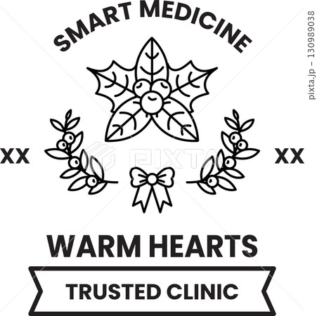 A black and white image of a wreath with a bow and leaves 130989038