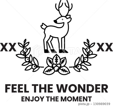 A deer is standing in front of a wreath with leaves and berries 130989039