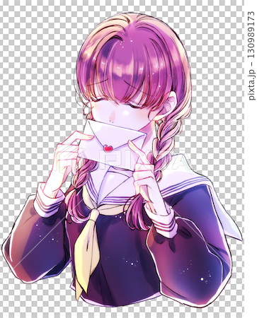 一位身穿水手服、綁著三條辮子的女學生，手裡拿著一封情書，悲傷，背光 130989173