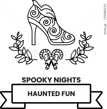 A black and white poster of a shoe with a bow and a wreath of leaves 130989225