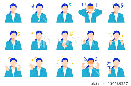 ビジネスウーマンの喜怒哀楽などの表情とポーズのイラストセット。フラットなデザイン。 ビジネスウーマンの喜怒哀楽などの表情とポーズのイラストセット。フラットなデザイン。 130989327