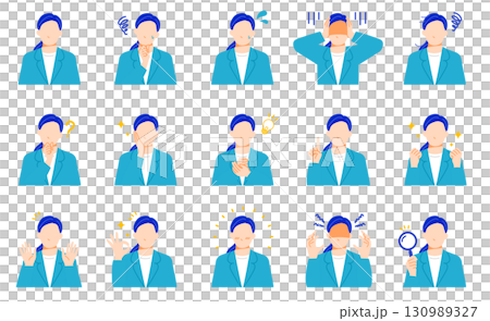 ビジネスウーマンの喜怒哀楽などの表情とポーズのイラストセット。フラットなデザイン。 ビジネスウーマンの喜怒哀楽などの表情とポーズのイラストセット。フラットなデザイン。 130989327