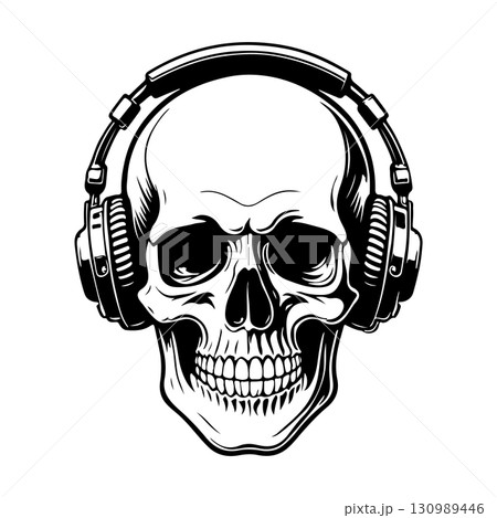 Illustration of skull with headphones. Music skull. Design element for logo, label, design. Vector illustration Illustration of skull with headphones. Music skull. Design element for logo, label, design. Vector illustration 130989446