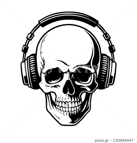 Illustration of skull with headphones. Music skull. Design element for logo, label, design. Vector illustration Illustration of skull with headphones. Music skull. Design element for logo, label, design. Vector illustration 130989447