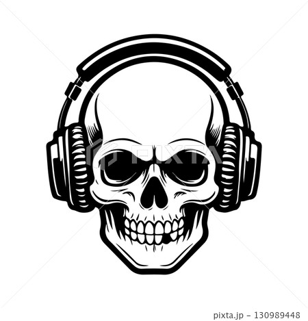 Illustration of skull with headphones. Music skull. Design element for logo, label, design. Vector illustration Illustration of skull with headphones. Music skull. Design element for logo, label, design. Vector illustration 130989448