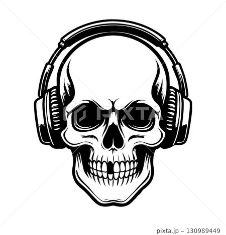 Illustration of skull with headphones. Music skull. Design element for logo, label, design. Vector illustration Illustration of skull with headphones. Music skull. Design element for logo, label, design. Vector illustration 130989449