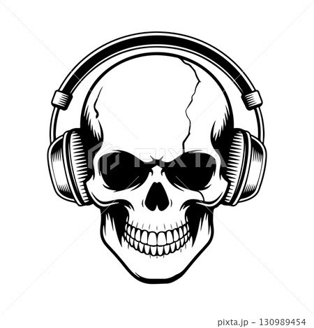 Illustration of skull with headphones. Music skull. Design element for logo, label, design. Vector illustration Illustration of skull with headphones. Music skull. Design element for logo, label, design. Vector illustration 130989454