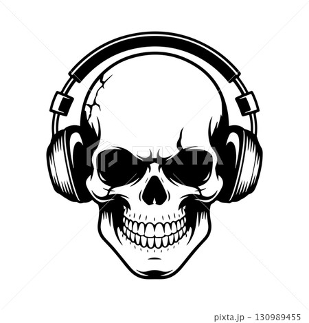 Illustration of skull with headphones. Music skull. Design element for logo, label, design. Vector illustration 130989455