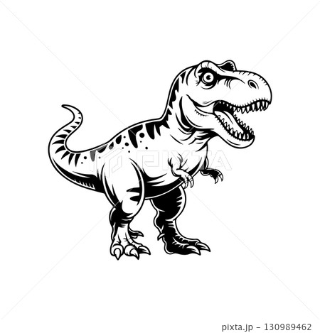Illustration of Tyrannosaurus isolated on white background. Cartoon dinosaur. Design element for logo, label, design. Vector illustration 130989462