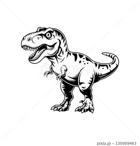 Illustration of Tyrannosaurus isolated on white background. Cartoon dinosaur. Design element for logo, label, design. Vector illustration 130989463
