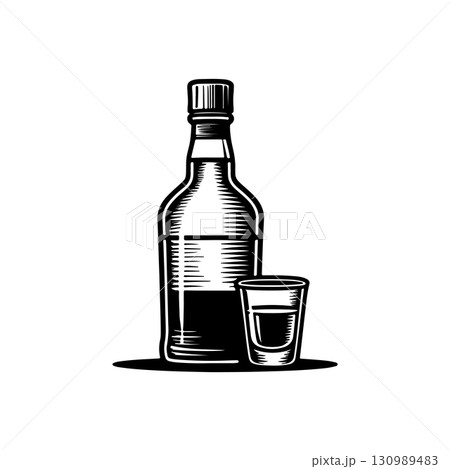 Illustration of bottle of whiskey and glass. Design element for logo, label, design. Vector illustration 130989483