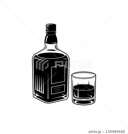 Illustration of bottle of whiskey and glass. Design element for logo, label, design. Vector illustration Illustration of bottle of whiskey and glass. Design element for logo, label, design. Vector illustration 130989488