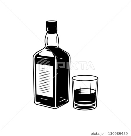 Illustration of bottle of whiskey and glass. Design element for logo, label, design. Vector illustration Illustration of bottle of whiskey and glass. Design element for logo, label, design. Vector illustration 130989489