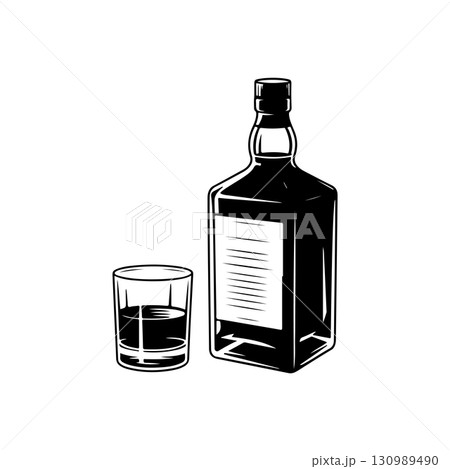 Illustration of bottle of whiskey and glass. Design element for logo, label, design. Vector illustration Illustration of bottle of whiskey and glass. Design element for logo, label, design. Vector illustration 130989490