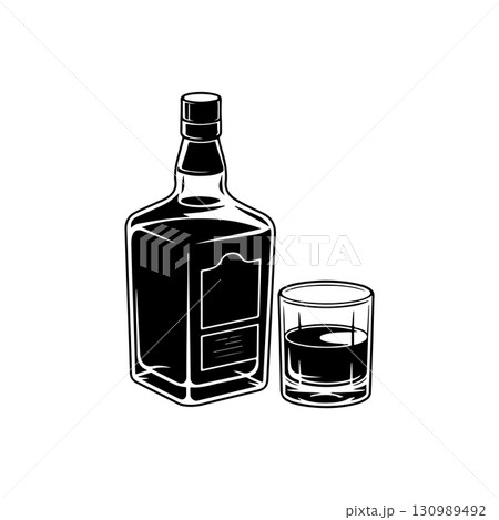 Illustration of bottle of whiskey and glass. Design element for logo, label, design. Vector illustration 130989492