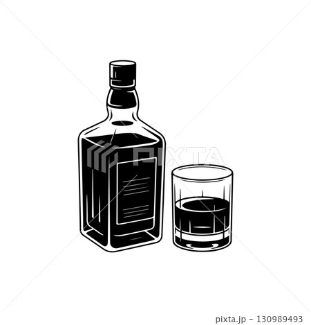 Illustration of bottle of whiskey and glass. Design element for logo, label, design. Vector illustration 130989493