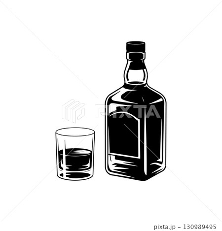 Illustration of bottle of whiskey and glass. Design element for logo, label, design. Vector illustration 130989495