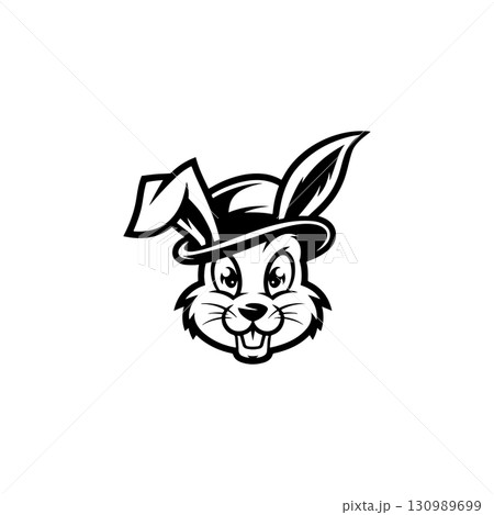 Illustration of rabbit head with hat. Design element for logo, label, sign. Vector illustration 130989699