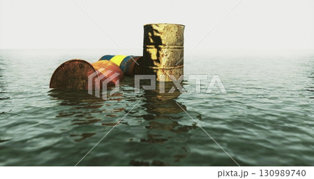 Rusty metal barrels float on still water with a soft light illuminating their colors. The serene atmosphere suggests an abandoned industrial site. 130989740