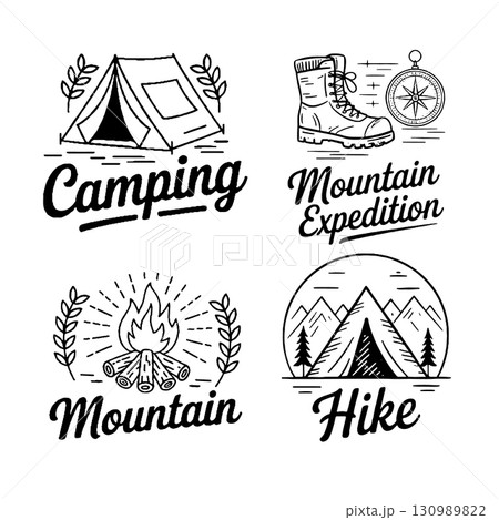 Set of camping, hiking, mountains, outdoor emblems, badges and design elements. Vector illustration Set of camping, hiking, mountains, outdoor emblems, badges and design elements. Vector illustration 130989822