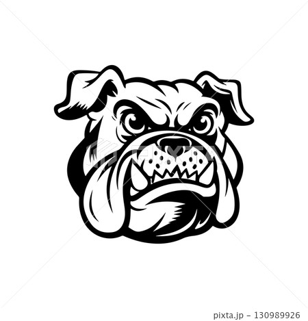 Illustration of bulldog head. Design element for logo, label, sign. Vector illustration 130989926