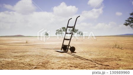 A solitary hand truck rests on parched, cracked soil, surrounded by sparse vegetation. The clear sky above and distant hills create a sense of quiet desolation in this barren landscape. A solitary hand truck rests on parched, cracked soil, surrounded by sparse vegetation. The clear sky above and distant hills create a sense of quiet desolation in this barren landscape. 130989960