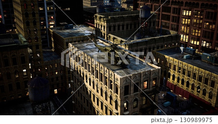 A helicopter touches down on the rooftop of an old building amidst a bustling city skyline at night. City lights shimmer, casting a dynamic glow on the surrounding structures and streets. A helicopter touches down on the rooftop of an old building amidst a bustling city skyline at night. City lights shimmer, casting a dynamic glow on the surrounding structures and streets. 130989975