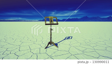 An easel stands alone on an expansive salt flat under a striking blue sky. The cracked terrain highlights its isolation, while distant mountains frame the ethereal landscape. 130990011