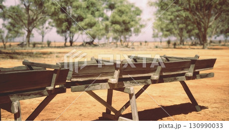 Wooden benches align under the warm sun, surrounded by dry earth and sparse greenery. A serene stillness fills the rugged landscape, inviting rest in a tranquil outdoor setting. Wooden benches align under the warm sun, surrounded by dry earth and sparse greenery. A serene stillness fills the rugged landscape, inviting rest in a tranquil outdoor setting. 130990033